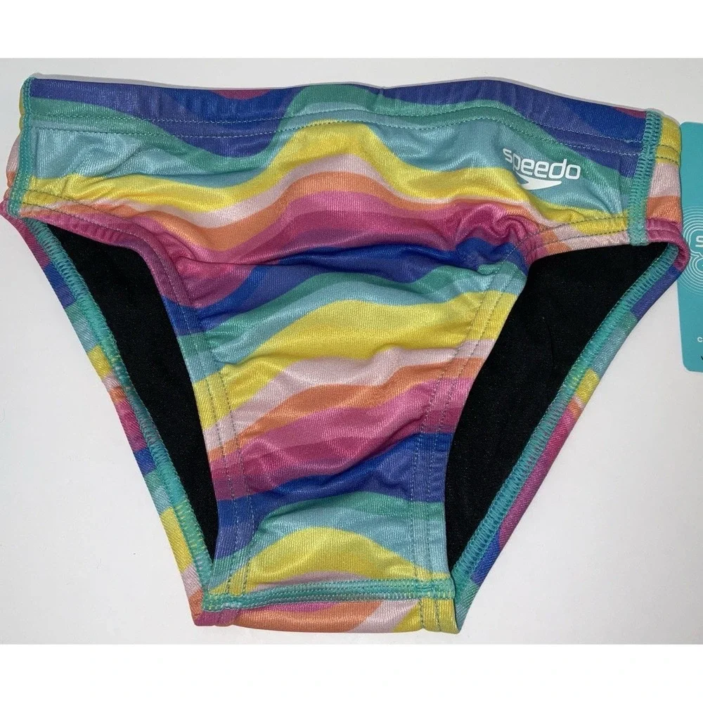NWT Men's Speedo Vibe Collection Eco Endurance Brief Swim Trunks Rainbow Wave 26
